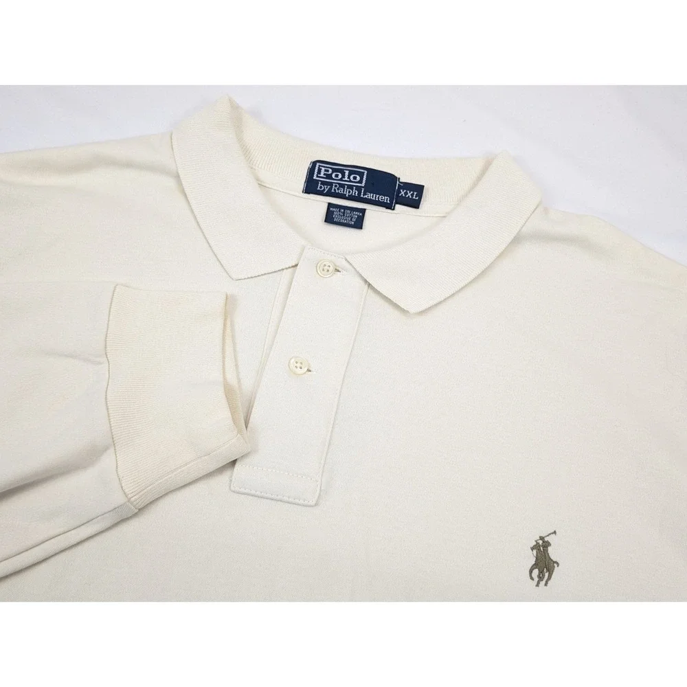 Polo Ralph Lauren‎ Mens XXL Cream Off White Long Sleeve Cotton Pique Polo Shirt